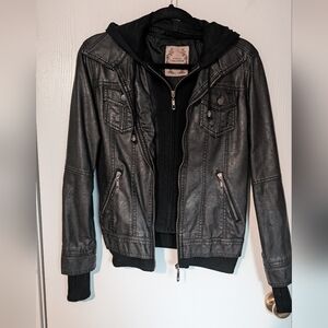 Downtown Coalition Black Faux Leather Jacket with Hoodie